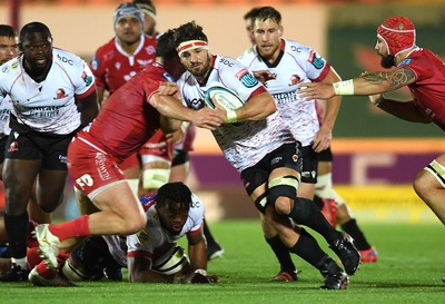 011021 - Scarlets v Emirates Lions - United Rugby Championship - Jaco Kriel of Lions is tackled by Ryan Elias of Scarlets