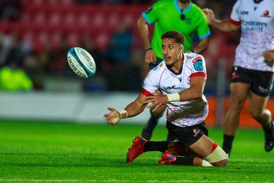 011021 - Scarlets v Emirates Lions - United Rugby Championship - Jordan Hendrikse of Emirates Lions offloads the ball