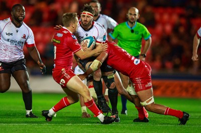 011021 - Scarlets v Emirates Lions - United Rugby Championship - Jaco Kriel of Emirates Lions is tackled by Dan Davis of Scarlets