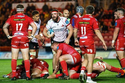 011021 - Scarlets v Emirates Lions - United Rugby Championship - Ruben Schoeman of Emirates Lions emerges after scoring a try