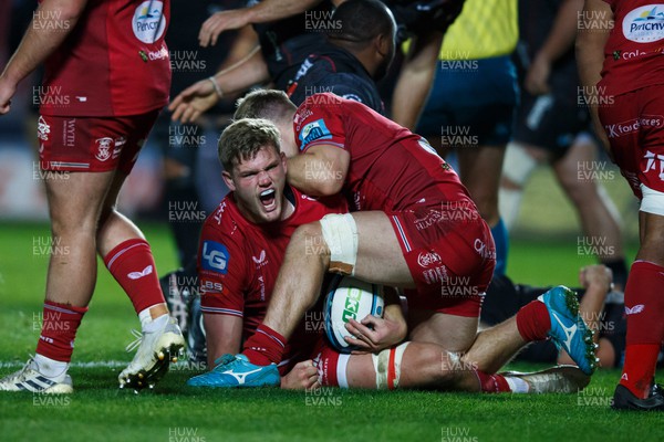 111123 - Scarlets v Emirates Lions - United Rugby Championship - Taine Plumtree of Scarlets celebrates after winning a penalty