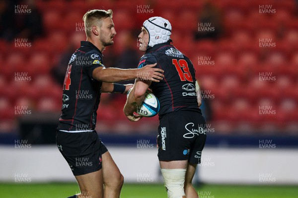 111123 - Scarlets v Emirates Lions - United Rugby Championship - Henco van Wyk of Lions celebrates with Richard Kriel of Lions after scoring a try