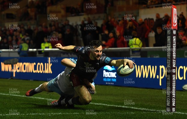 050322 - Scarlets v Glasgow - United Rugby Championship - Ryan Conbeer of Scarlets scores try