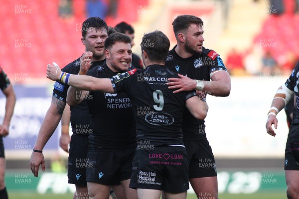 290423 - Scarlets v Glasgow Warriors - EPCR Challenge Cup Semi-Final - Duncan Weir and George Horne (9) of Glasgow Warriors celebrate reaching the final at the end of the game