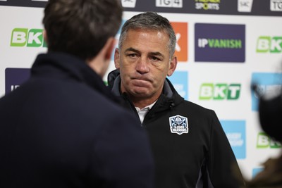 291125 - Scarlets v Glasgow Warriors - United Rugby Championship - Franco Smith Glasgow Head Coach talks to TV before kick off 