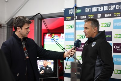 291125 - Scarlets v Glasgow Warriors - United Rugby Championship - Franco Smith Glasgow Head Coach talks to TV before kick off 