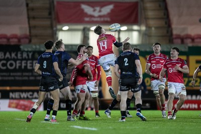 291125 - Scarlets v Glasgow Warriors - United Rugby Championship - Iori Badham of Scarlets rises for a high ball