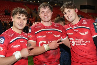 291125 - Scarlets v Glasgow Warriors - United Rugby Championship - Carwyn Leggatt Jones, Macs Page and Iori Badham of Scarlets