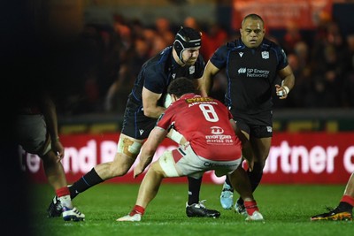 291125 - Scarlets v Glasgow Warriors - United Rugby Championship - Max Williamson of Glasgow is challenged by Fletcher Anderson of Scarlets