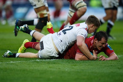 260424 - Scarlets v Hollywoodbets Sharks - United Rugby Championship - Ryan Elias of Scarlets scores a try