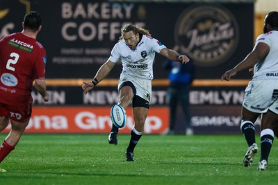 260424 - Scarlets v Hollywoodbets Sharks - United Rugby Championship - Werner Kok of Sharks kicks the ball