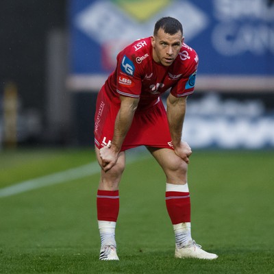 260424 - Scarlets v Hollywoodbets Sharks - United Rugby Championship - Gareth Davies of Scarlets