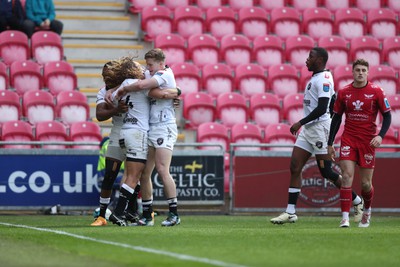 260424 - Scarlets v Hollywoodbets Sharks - United Rugby Championship - Werner Kok of Sharks celebrates scoring 