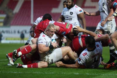 260424 - Scarlets v Hollywoodbets Sharks - United Rugby Championship - Vincent Koch of Sharks is stopped short of the Scarlets line