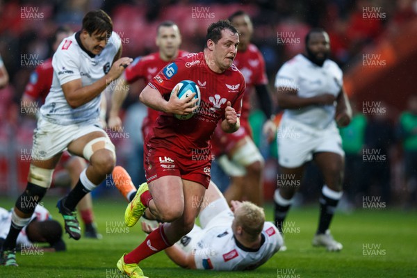 260424 - Scarlets v Hollywoodbets Sharks - United Rugby Championship - Ryan Elias of Scarlets on the way to scoring a try