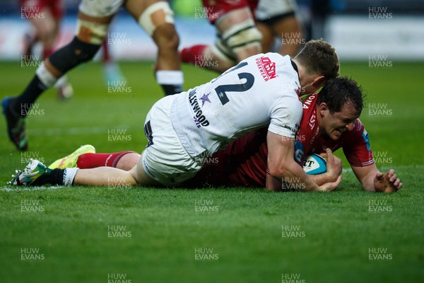 260424 - Scarlets v Hollywoodbets Sharks - United Rugby Championship - Ryan Elias of Scarlets scores a try