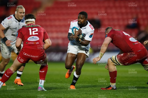 260424 - Scarlets v Hollywoodbets Sharks - United Rugby Championship - Siya Masuku of Sharks runs at the defence