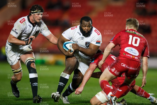 260424 - Scarlets v Hollywoodbets Sharks - United Rugby Championship - Ox Nche of Sharks runs at Sam Costelow of Scarlets