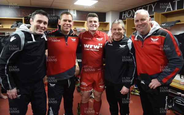 300318 - Scarlets v La Rochelle - European Rugby Champions Cup - Stephen Jones, Ioan Cunningham, Scott Williams, Byron Hayward and Wayne Pivac of Scarlets celebrate at the end of the game