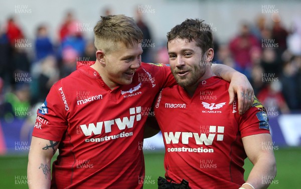 300318 - Scarlets v La Rochelle - European Champions Cup Quarter Final - James Davies and Leigh Halfpenny of Scarlets