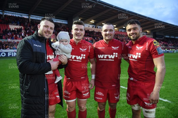 300318 - Scarlets v La Rochelle - European Champions Cup Quarter Final - Rob Evans, Scott Williams with son Seb Ken Owens and Josh Macleod of Scarlets