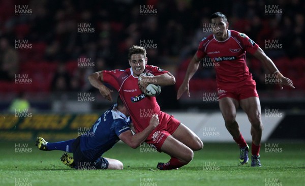 161015 - Scarlets v Leinster - Guinness PRO12 - Aled Thomas of Scarlets is tackled by Colm O'Shea of Leinster