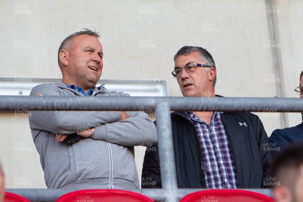 201018 - Scarlets A v Leinster A - Celtic Cup Final -  Scarlets head coach Wayne Pivac and Geraint John watch the game