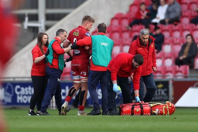 260425 - Scarlets v Leinster - United Rugby Championship - Taine Plumtree of Scarlets leaves the field injured