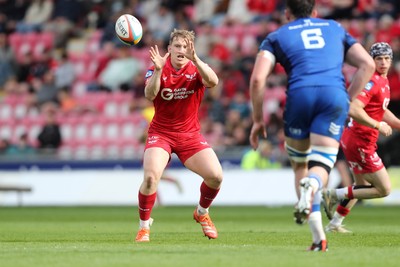 260425 - Scarlets v Leinster - United Rugby Championship - Sam Costelow  receives from Gareth Davies of Scarlets