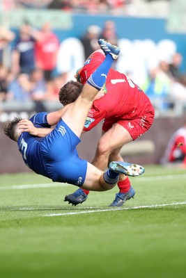 260425 - Scarlets v Leinster - United Rugby Championship - Alec Hepburn of Scarlets is tackled by Liam Turner of Leinster