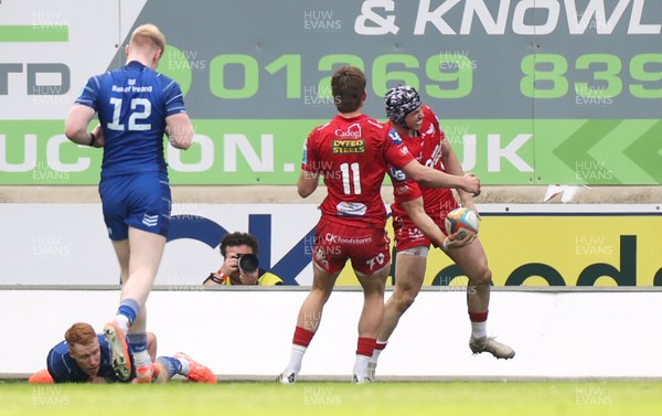 260425 - Scarlets v Leinster - United Rugby Championship - Tom Rogers of Scarlets celebrates scoring a try with team mates Ellis Mee