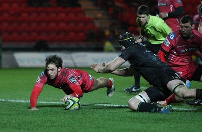 310115 - Scarlets v London Irish, LV= Cup - Scarlets Kyle Evans dives onto the loose ball to score try