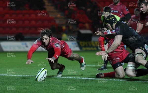 310115 - Scarlets v London Irish, LV= Cup - Scarlets Kyle Evans dives onto the loose ball to score try