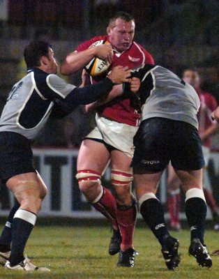 05.11.06 - Llanelli Scarlets v Munster - Magners League - Scarlets Rhys Thomas takes on Munster's Trevor Halstead and Tim McGann(R) 