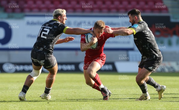 101021 - Scarlets v Munster - United Rugby Championship - Sam Costelow of Scarlets takes on Dan Goggin of Munster and Diarmuid Barron of Munster