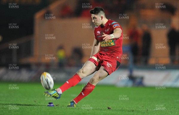 160213 - Scarlets v Munster - RaboDirect PRO12 -Owen Williams of Scarlets kicks at goal