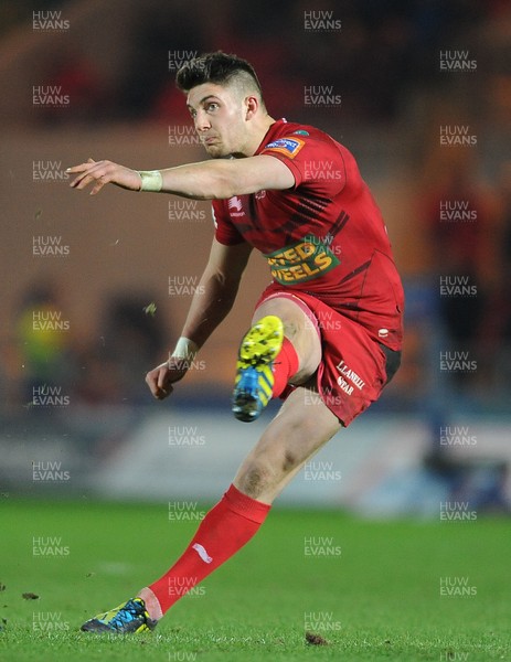 160213 - Scarlets v Munster - RaboDirect PRO12 -Owen Williams of Scarlets kicks at goal