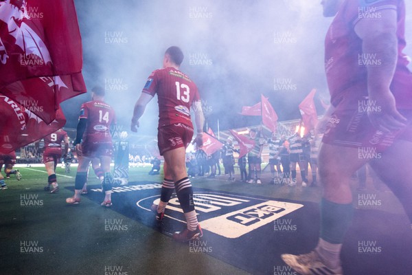 160224 - Scarlets v Munster - United Rugby Championship - Joe Roberts of Scarlets walks out onto the pitch