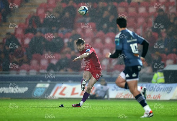 160224 - Scarlets v Munster - United Rugby Championship - Charlie Titcombe of Scarlets kicks the conversion