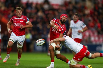270925 - Scarlets v Munster - United Rugby Championship - Josh Macleod of Scarlets loses the ball in a tackle close to the try line