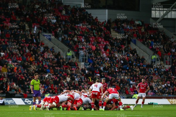 270925 - Scarlets v Munster - United Rugby Championship - Gareth Davies of Scarlets feeds a scrum