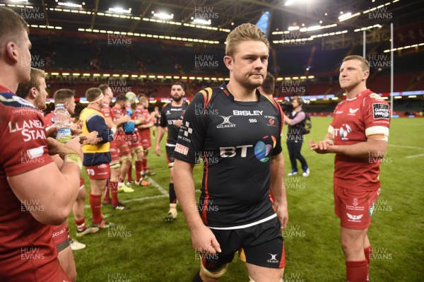 150417 - Newport Gwent Dragons v Scarlets - Guinness PRO12 - Lewis Evans of Newport Gwent Dragons at the end of the game