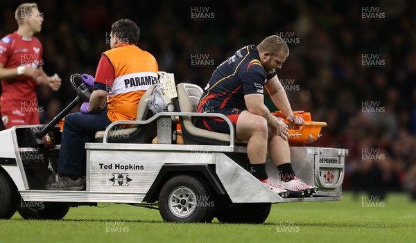 150417 - Newport Gwent Dragons v Scarlets - Guinness PRO12 - Lloyd Fairbrother of Newport Gwent Dragons goes off the field injured