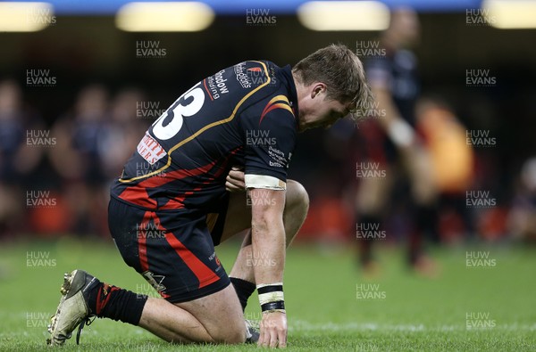 150417 - Newport Gwent Dragons v Scarlets - Guinness PRO12 - Dejected Tyler Morgan of Newport Gwent Dragons