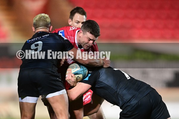 010122 - Scarlets v Ospreys - United Rugby Championship - Scott Williams of the Scarlets is tackled by Jac Morgan of the Ospreys and Rhys Webb of the Ospreys   