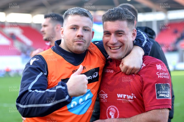 061018 - Scarlets v Ospreys - Guinness PRO14 - Rob Evans and Kieron Fonotia of Scarlets at the end of the game