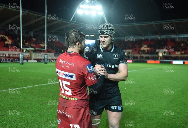 261217 - Scarlets v Ospreys - Guinness PRO14 - Leigh Halfpenny of Scarlets and Dan Lydiate of Ospreys at the end of the game