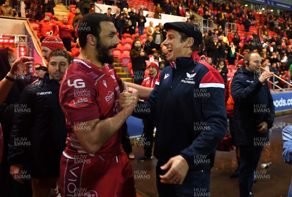 261219 - Scarlets v Ospreys - Guinness PRO14 - Uzair Cassiem of Scarlets and Scarlets head coach Brad Mooar at the end of the game