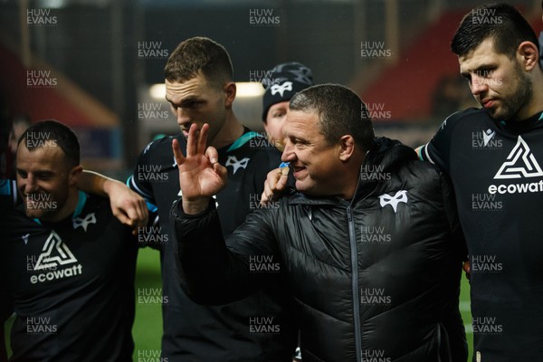 261223 - Scarlets v Ospreys - United Rugby Championship - Ospreys head coach Toby Booth shows his pleasure with his team's performance at the end of the match