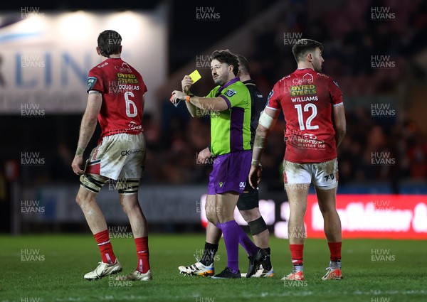 261225 - Scarlets v Ospreys - United Rugby Championship - Max Douglas of Scarlets is given a yellow card by Referee Ben Whitehouse 